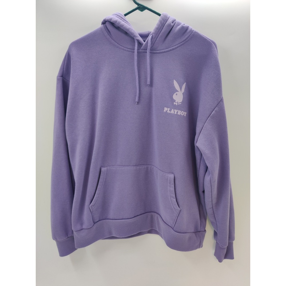 Playboy Bunny Logo Hoodie Purple Fleece Pullover Sweatshirt Small Relaxed Fit